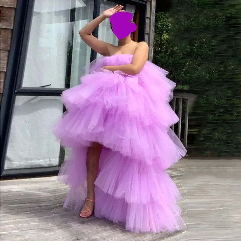 

Hot Sale Lavender Puffy Dress for Women Layered Tulle Extra Ball Gown Birthday Prom Party Dresses 2021 Strapless High Low Gowns