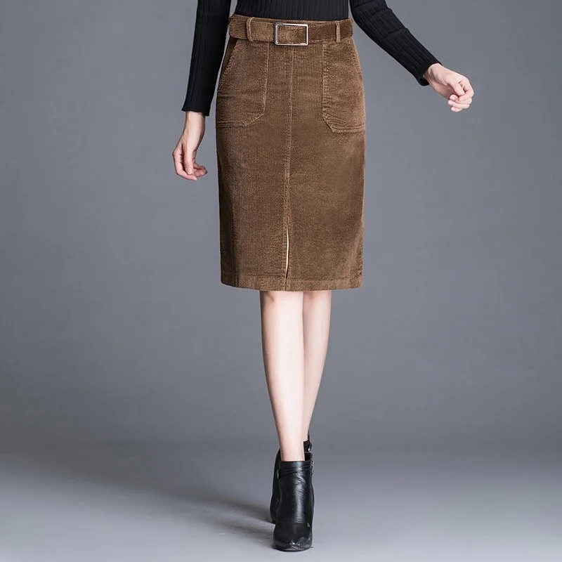 Зима Осень повседневные женские с высокой талией черные вельветовые юбки с поясом, осенние женские юбки до колена 4xl