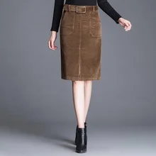 Зима Осень повседневные женские с высокой талией черные вельветовые юбки с поясом, осенние женские юбки до колена 4xl