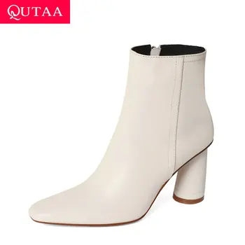 

QUTAA 2021 Pointed Toe Cow Leather Ankle Boots Autumn Winter Zipper Fashion Women Shoes Square High Heel Short Boots Size 34-39