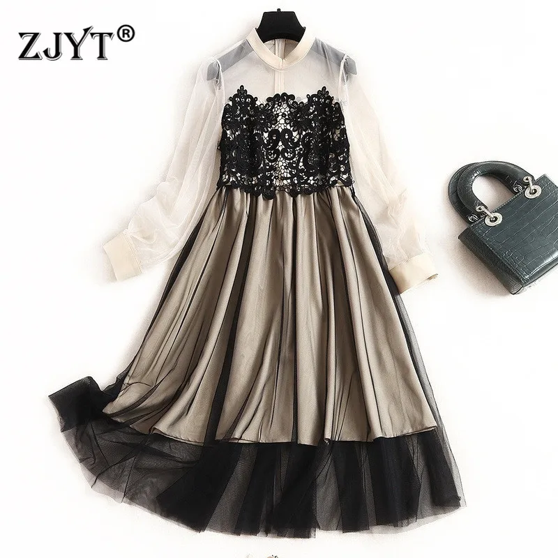 

Spring Dresses for Women 2020 New Fashion Runway Designers Full Sleeve Embroidery Patchwork Transparent Tulle Sexy Party Dress