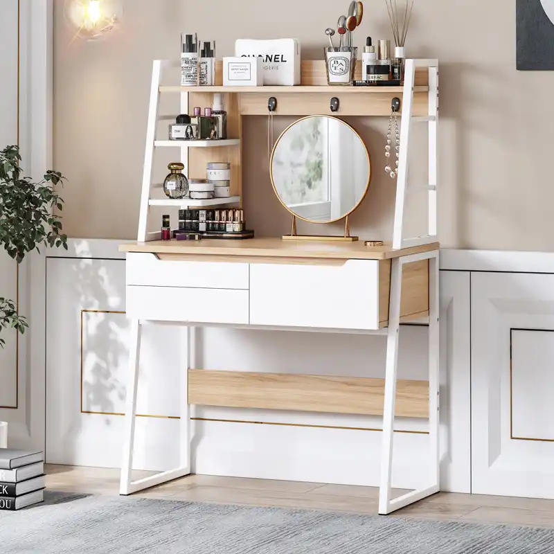 White Mini Dressing Table Set Bedroom Small Folding Clamshell Mobile Makeup Table With