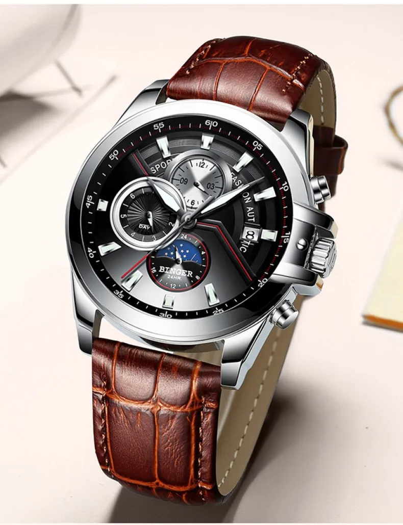 Модные мужские часы Move t BINGER, мужские Роскошные водонепроницаемые часы от ведущего бренда, Мужские автоматические механические наручные часы с календарем