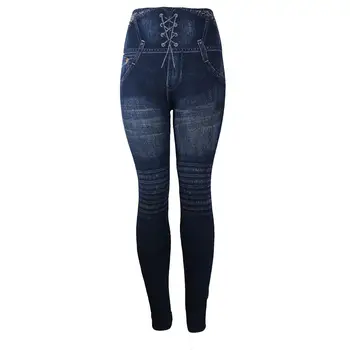 

Women Imitation Jeans Stretchy Slim Printed High Waist Leggings Seamless Pants