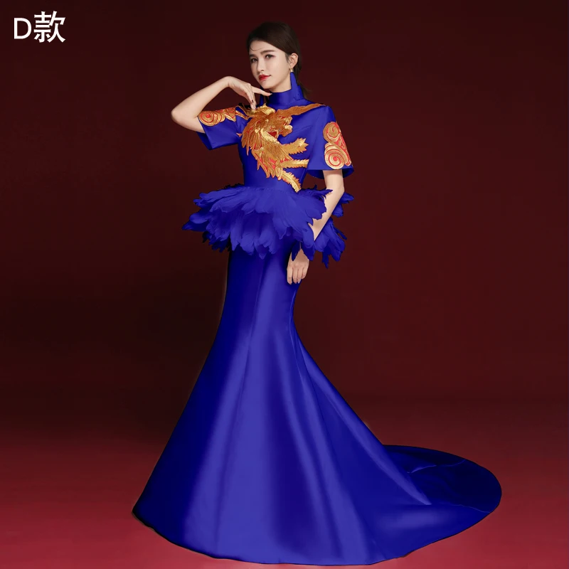 Современный длинный шлейф Cheongsam сексуальный русалка китайский вечерние платья синий вышитый Qipao невесты Восточный свадебное платье