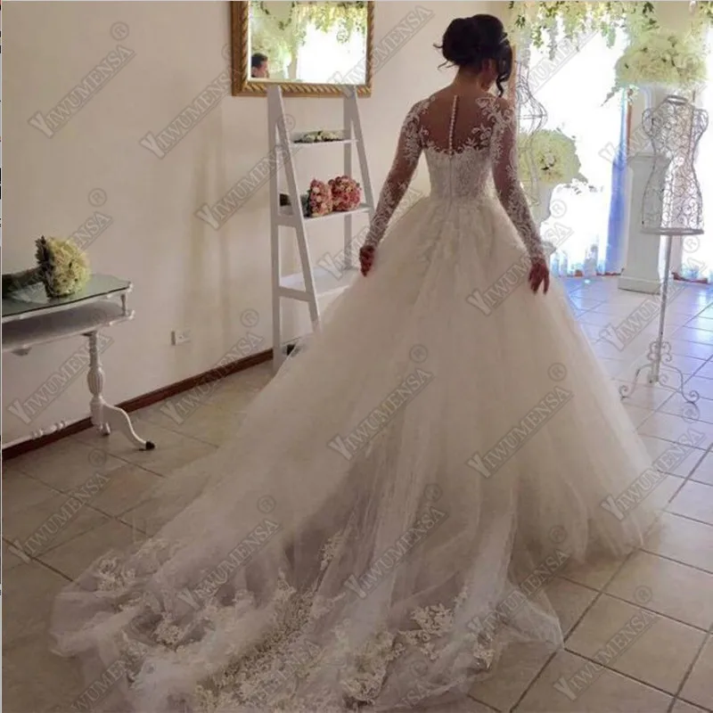 bridal gowns Vestidos De Noivas Long Sleeves Skin Tulle Princess Bridal Ball Gown Wedding Dress Plus Size Pearls Beaded Appliques Robe Mariee bridal shower dress