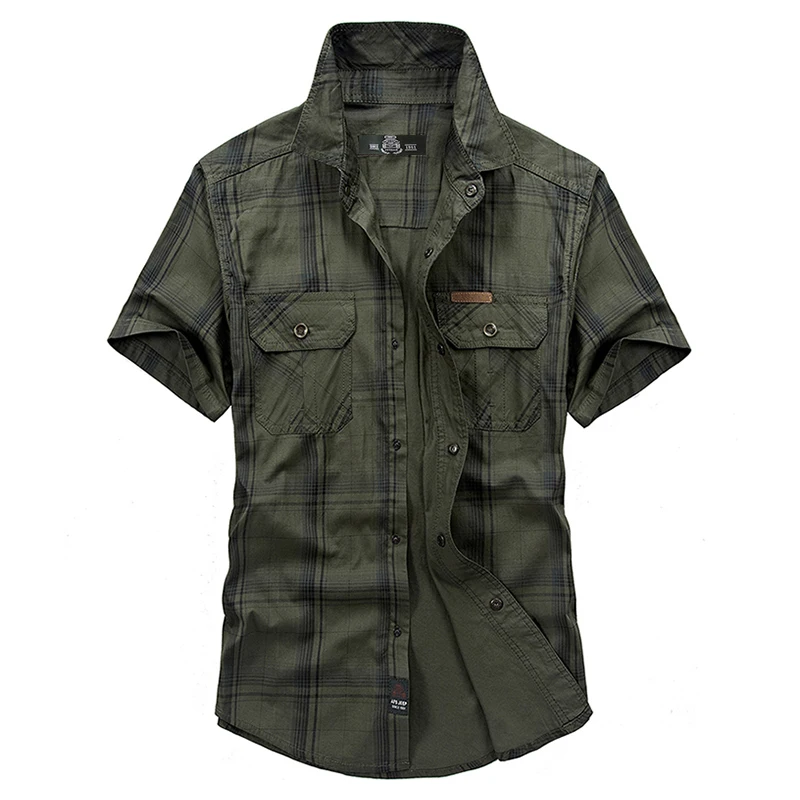 Мужская короткая рубашка в клетку из натурального хлопка цвета хаки|brand shirt men|shirt