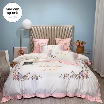 

Luxury 5 Colors Cotton & Silk Embroidery Flowe White Bedding Set Duvet Cover Quilt King Size Bed Sheets and Pillowcases Sabanas