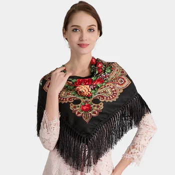 

Russian Shawl Square Babushka Pashmina Woman Winter Scarf Head Wraps Female Retro Floral Pattern Tassel Cotton Scarf Hijabs