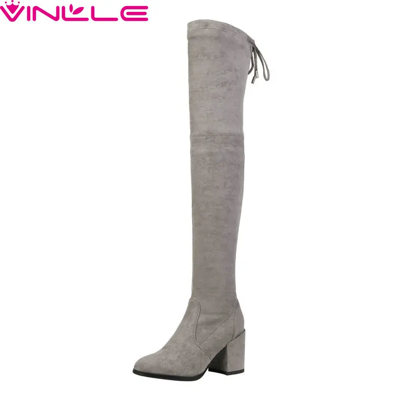 

VINLLE 2019 Women Over Knee High Boots Flock 4 Heel Slip on Pointed Toe Fashion All Match Westrn Style Women Boots Size 33-43