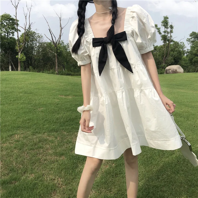 

Sweet Kawaii Black Tie Women Dress Soft Girly White Dress 2020 Summer Fashion Bow Square Collar Puff Sleeve Dress Femme Vestidos