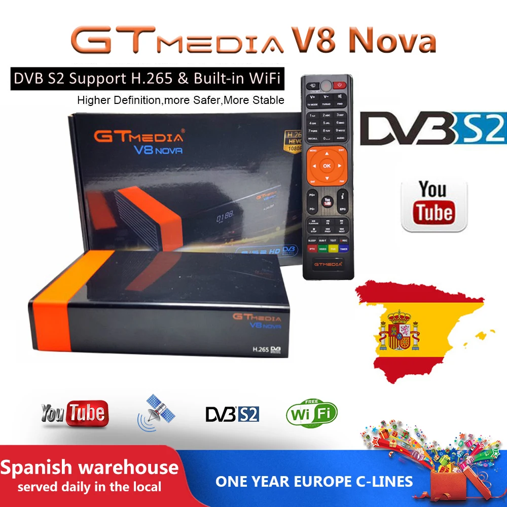 

Free 1 Years Europe 7 Lines cccam spain GT MEDIA DVB S2 V8 Nova HD 1080p H.265 Satellite Receiver Support youTube V8 Receiver