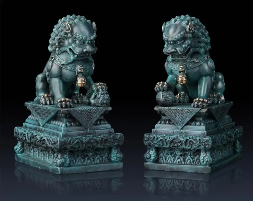 8,2 дюймов китайский Арт Деко Чистая латунь Foo Dog Guardian животные дверь лев скульптура пара