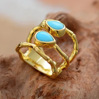 High Quality Stone Rings Jewelry Fashion Gold Color Turquoises Luxury Party Cocktail Ring Size 6.75