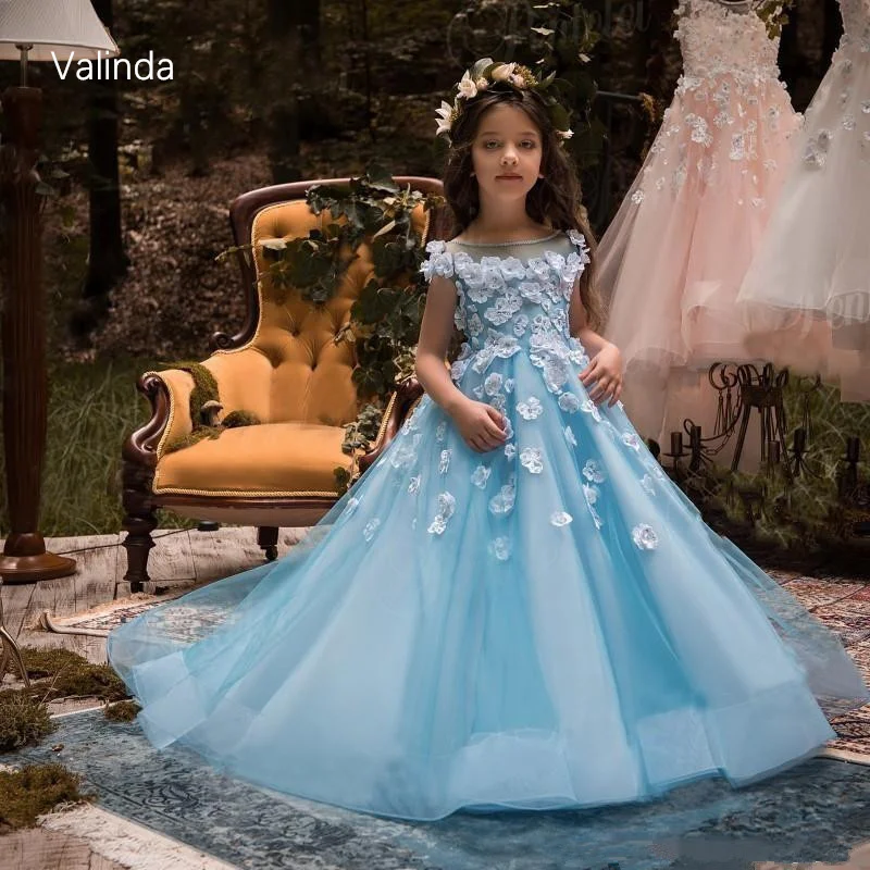 Vestido de desfile azul para niñas, ropa Formal de fiesta de cumpleaños y boda, ropa de alta costura para - AliExpress