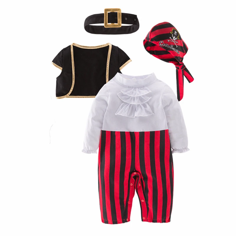 Для маленьких мальчиков пиратский капитан, для косплея костюм комбинезоны со шляпой ремень комплект на Хэллоуин Карнавальный костюм вечерние Детские изображением пиратской эмблемы с черепом; костюм Лот из 4 шт./компл - Цвет: A