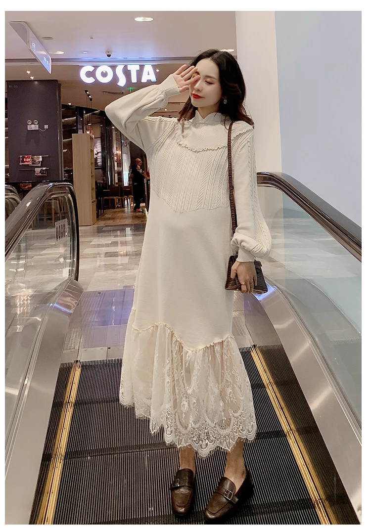 Winter Fashion Maternity Knitting Party Dress Lace Ruffles Patchwork Irregular Pregnant Women Trumpet Dress New Year Maxi Dress