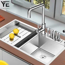 Многофункциональная кухонная раковина 304 из нержавеющей стали проволока для рисования Двойная чаша сушилка для холодной и горячей воды кран раковина 00011