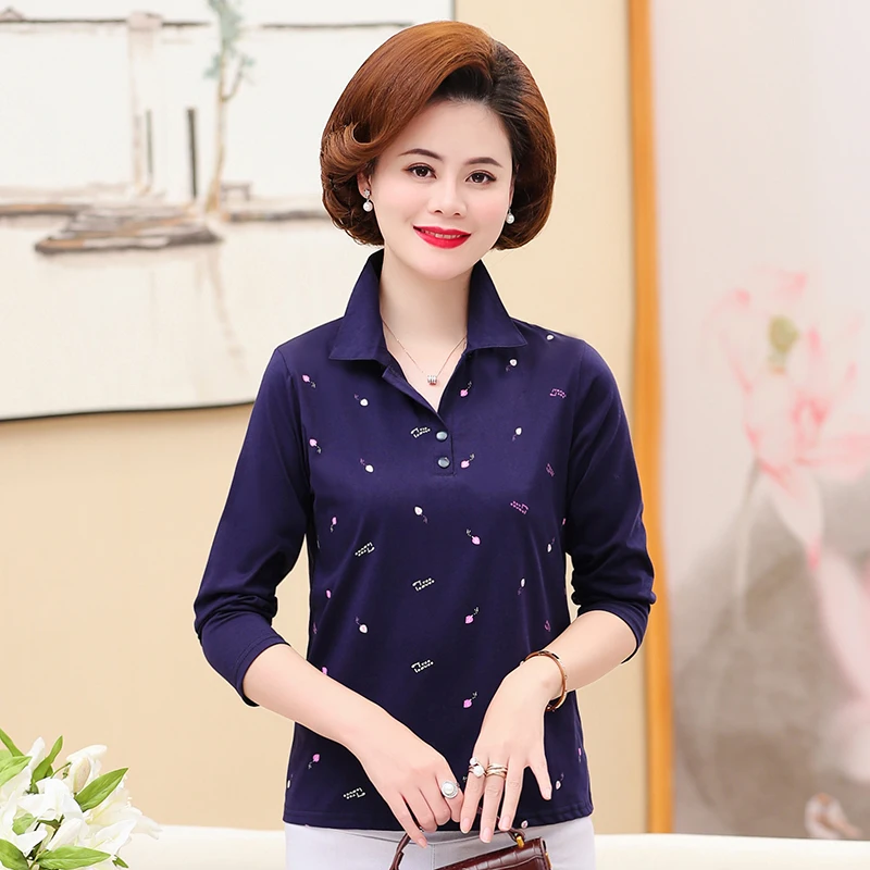 

Spring Woman Casual Cotton Polo Shirt Small Pieces Pattern Turn Down Collar Long Sleeve Red Gray Navy Blue Purple Top For Woman