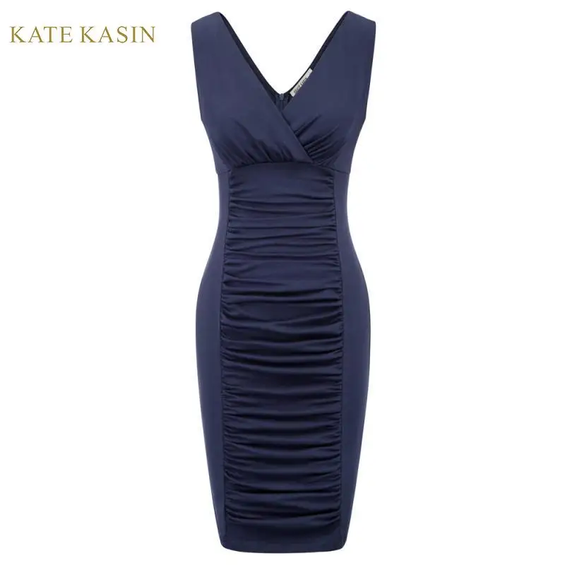 

Kate Kasin Summer Women Sleeveless Solid Color Folded Pencil Dress Office Lady V Neck Business Party Sheath Dress Wear to Work