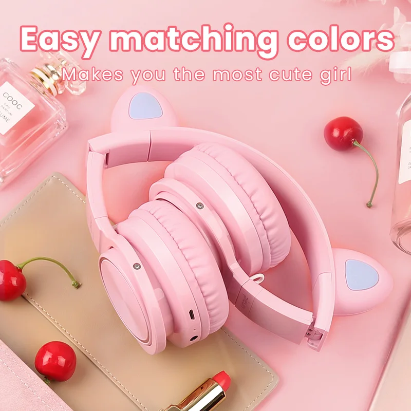 Kids Bluetooth5 0 Cute Cat Ear Headsets Wireless Hifi Headphones Stereo Noise Cancelling Headphones LED Luminous with Microphone