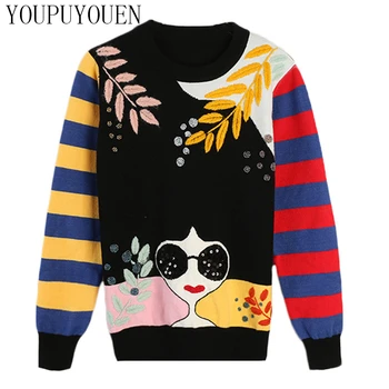 

Womens Fall Pullover Long Sleeve Leaves Embroidery Wool Sweaters Striped Knit Tops 2019 Autumn Winter Knitted Ladies Jumpers