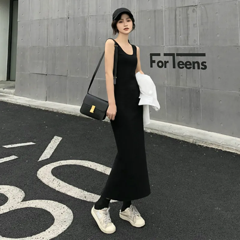 

Camisole Slit Dress Women 2020 Spring Summer New Style Elastic Slim Fit Elegant Mid-length Tank Underwear Black Maxi Dresses