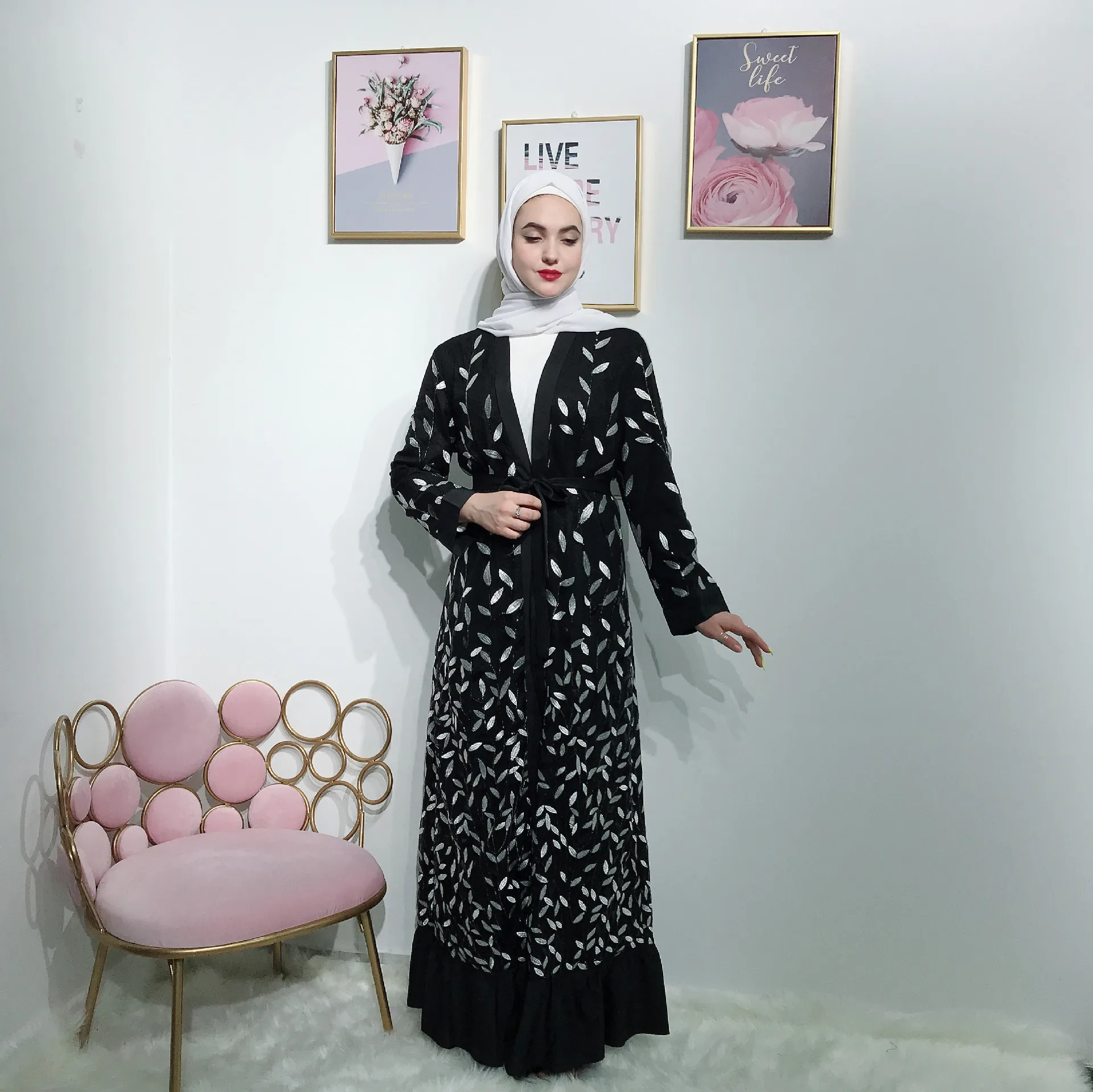 

2019 luxury lace leaves abaya for EID ramadan elegant women kimono cardigan islamic clothing abaya dubai islamic dress turkish
