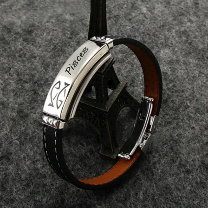 

Constellation Bracelet Viking 12 Constellation Black Leather Bracelet Butterfly Buckle Bracelet Men And Women Stainless Steel