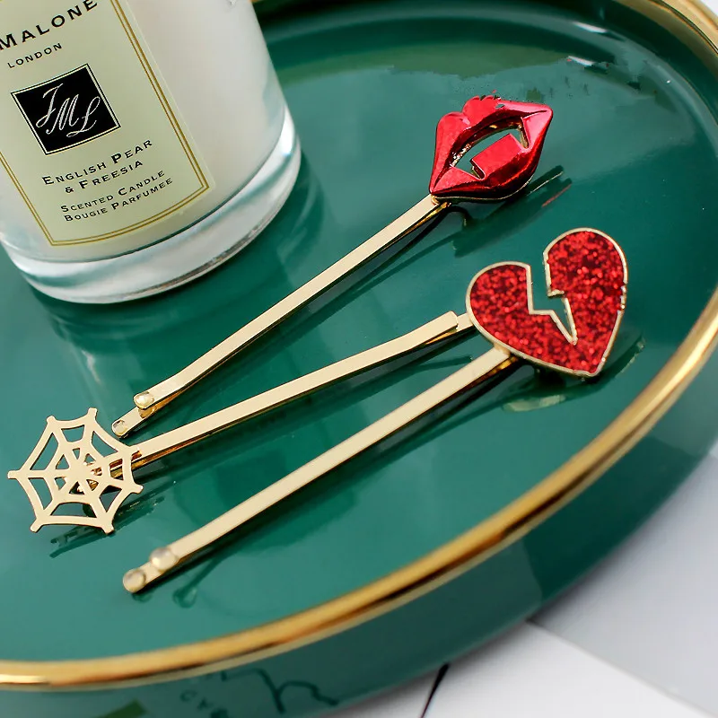 

Timlee H022 New Lovely Temperamental Red Lips Heart Geometry Spider Web Alloy Hair Clip Hair Accessary Wholesale .