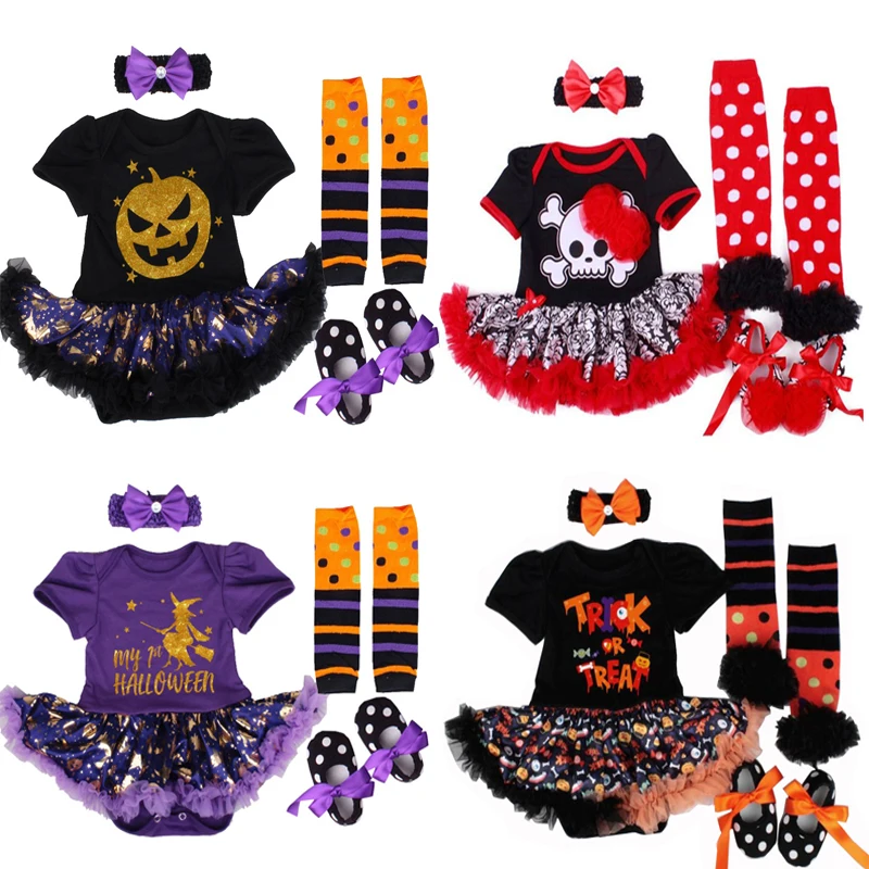 2020 Halloweer cotton Baby romper Short Sleeve infant clothing Pumpkin Skull Costumes jumpsuits Lace Bebes girl Clothes set | Детская
