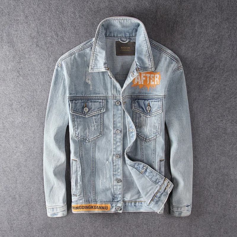 

Fashion Streetwear Men Jacket Light Blue Retro Wash Printed Designer Punk Coats Denim Biker Jackets Men Hip Hop Bomber Jackets