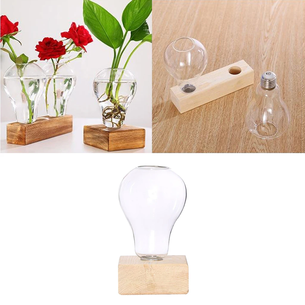 Hydroponic Plant Vase Desktop Glass Wooden Stand Plant Holder for Office Home