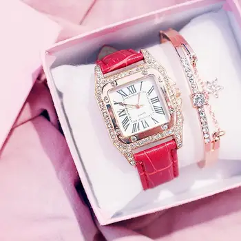 

Women Diamond Watch Starry Square Dial Bracelet Watches Set Ladies Leather Band Quartz Wristwatch Female Clock Zegarek Damski