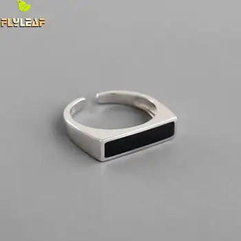 

925 Sterling Silver Black Drip Glaze Geometric Rectangle Open Rings For Women Personality Lady Girl Student Fine Jewelry