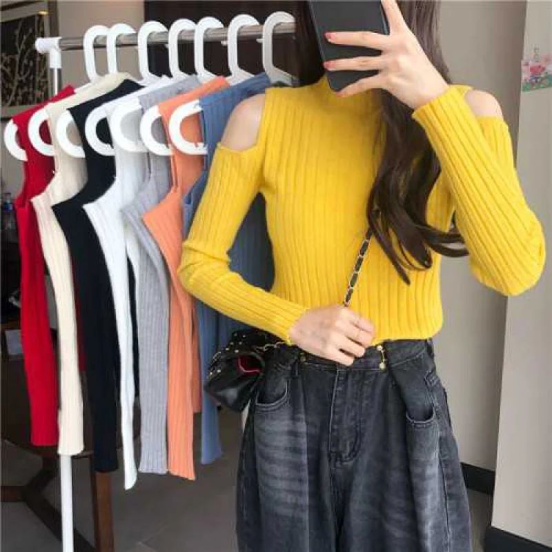 Sweater Women Turtleneck Off-shoulder sexy knit Orange short sweater 2020 Winter jumpers elegant solid Full slim pullover tops | Женская