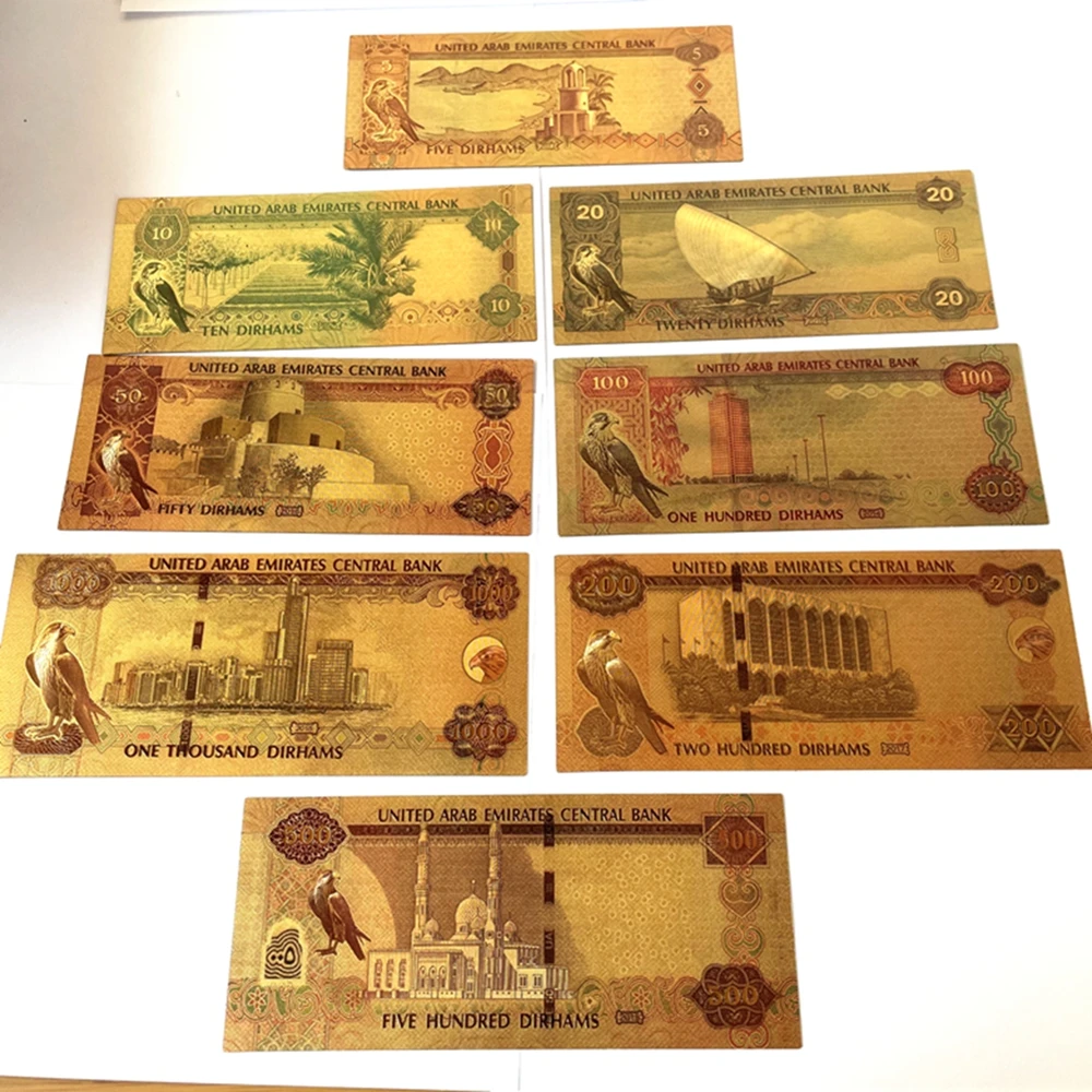 8 adet birlesik arap emirlikleri dirhem banknot bae altin folyo kagit para el sanatlari koleksiyonu para birimi para gold banknotes aliexpress