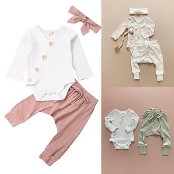 

3 Pcs Lovely Toddler Infant Baby Boy Girl Sweet Solid Cotton Ribbed Clothes Romper Jumpsuit Pants Leggings Outfit V Neck