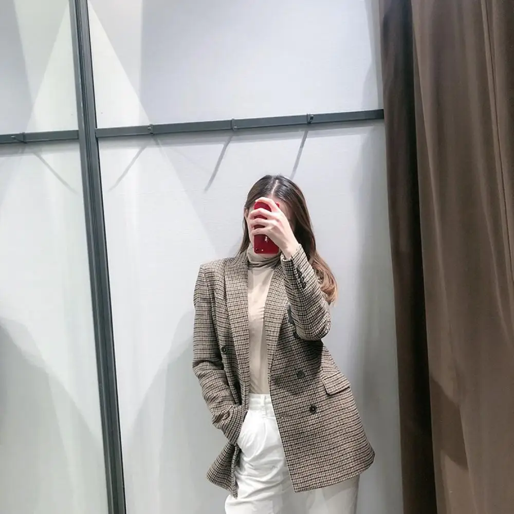 Women Fashion Vintage Casual Plaid Blazer Double Breasted Office Ladies Jacket Coat Notched Collar Long Sleeve Suits