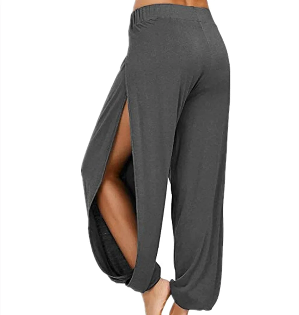 Women High Waist Gym Yoga Sports Pants Wide Elastic Waistband Side High Split Open Legs Harem Pants Leisure Trousers Breathable