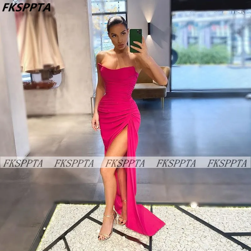 2022 Long Sexy Fuchsia Prom Dresses Strapless Corset Straight Women Formal Gowns With Slit Custom Made Prom Dress green ball gown Prom Dresses