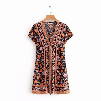 

Women bohemian v neck position rose flower print mini Dress ladies short sleeve back lace up vestidos casual slim Dresses DS2970