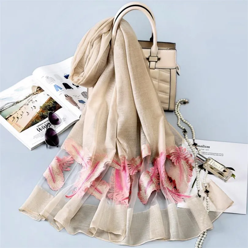 

VISNXGI Women Silk Organza Scarf Embroidery Sunscreen Shawl Adult Long Embroidered Lace Feather Scarfs Pattern 70X180cm Scarves