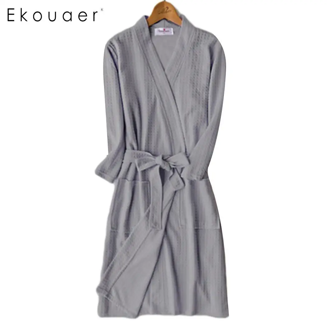 Gray Ekouaer/женская и Мужская одежда для сна пеньюары домашний халат с v-образным вырезом, 3/4 рукав, однотонный карман, на шнуровке, ночное платье средней длины, банный халат унисекс - Цвет: Gray