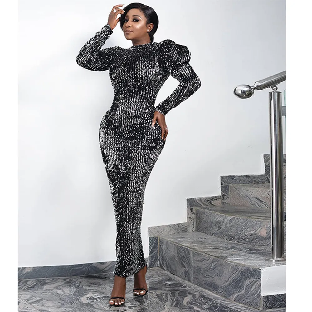african wear for women 2020 Women Winter Long Maxi Dress Full Puff Sleeve Dress Sequined Stretch Sexy Night Club Party Bandage Bodycon Dresses GL91111 african wear for women