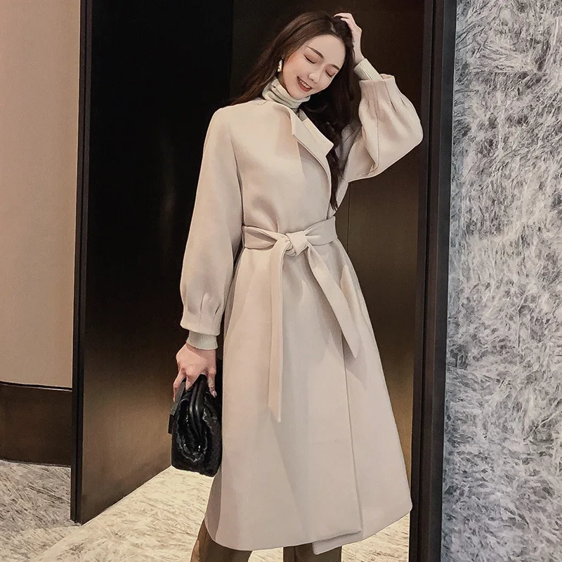

Winter Outerwear Pockets Open Stitch Blends Women Long Coat Harajuku Women's Adjustable Waist Chic