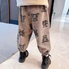 Pantalons en velours côtelé pour filles, tendance automne hiver 2021, motif d'ours de dessin animé mignon, Plus velours épais et chaud, pantalons élastiques pour enfants