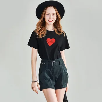 

HAVVA 2020 Summer New Short-sleeved T-shirt with Heart Print High-count High-density Cotton Bottom Clothes T4691