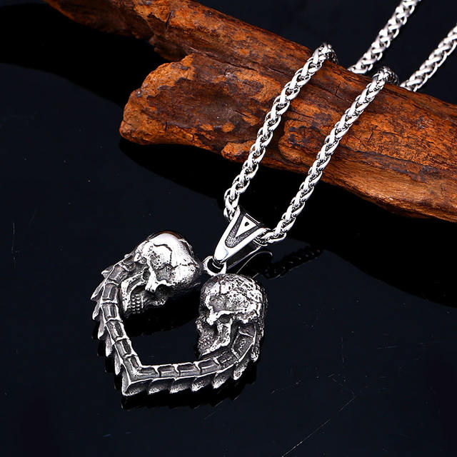 STAINLESS STEEL DOUBLE SKULL HEART NECKLACE