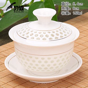 

Glass hollow cover bowl tea cup tea bowl large single Sancai tea making white porcelain tea set Jingdezhen celadon